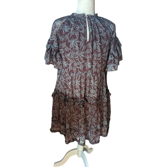 New Whimsigoth Mini Dress ruffled tiered brown/ blue Print flowy NWT sz S - Picture 7 of 13